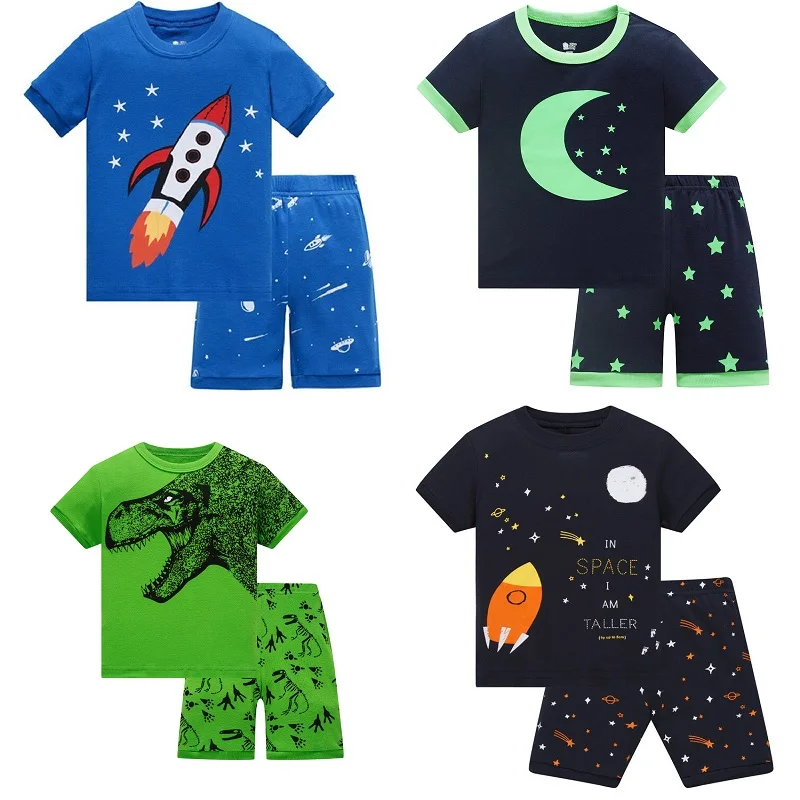 Děti pyžamo sada léto děti krátký rukáv oblečení na spaní raketa chlapci kreslený pyžamo oblečení nightwears sada