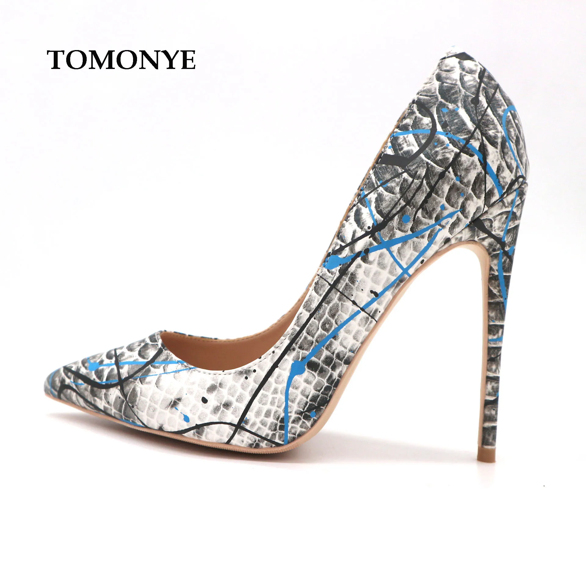 Factory wholesale grey handwriting python snake pointed toe women lady 120mm high heel autumn shoes plus size 12 sexy pump