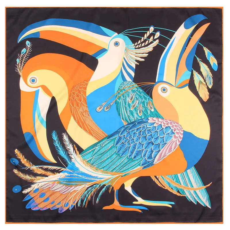 Manual Hand Rolled Twill Silk Scarf Women Toucan Bird Print Square Scarves Wraps Echarpes Silk Foulards Femme Bandana Hijab 90CM