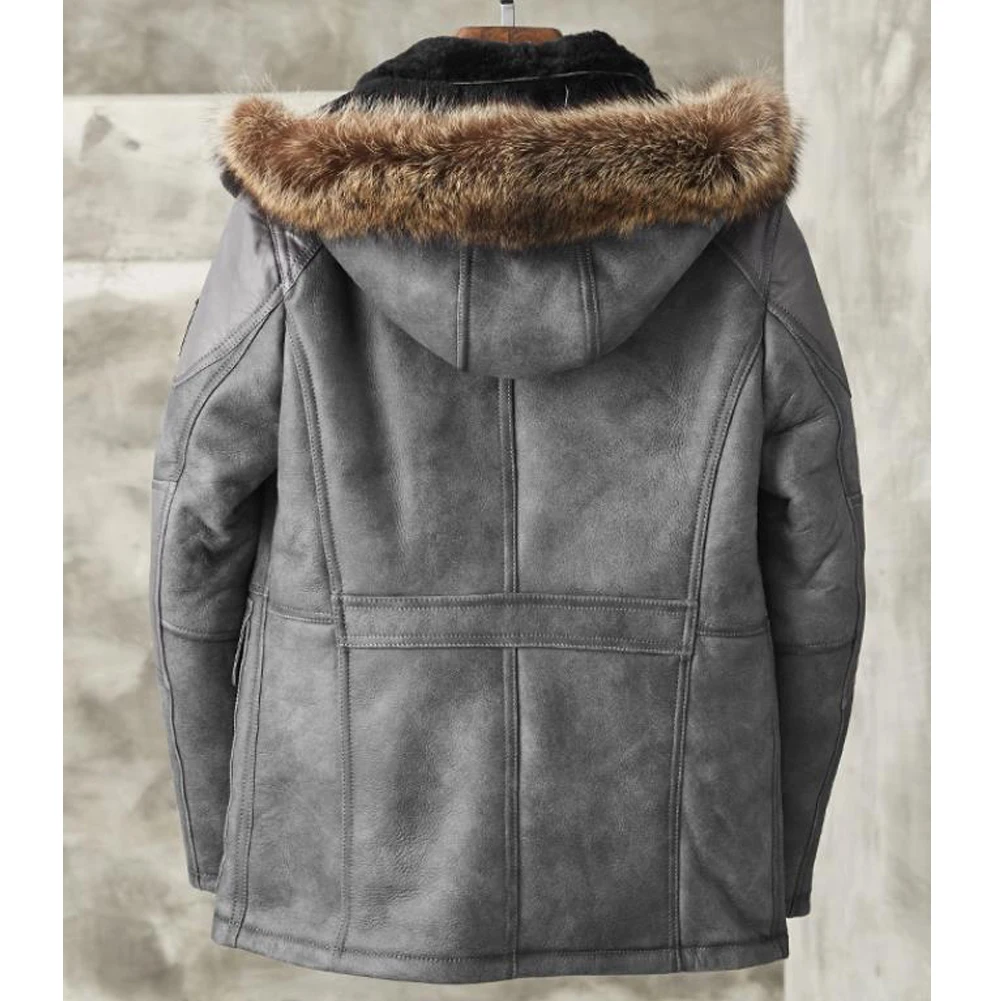 Men's Detachable Hooded Sheepskin Shearing Jacket Raccoon Fur Collar B3 Bomber Jacket Leather Jacket