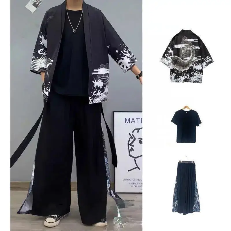 3PCS Chinese Hanfu Tang Suit Men Ancient Print Dragon Cardigan Japanese Retro Button Loose Kimono Robe Casual Wide Leg Pants