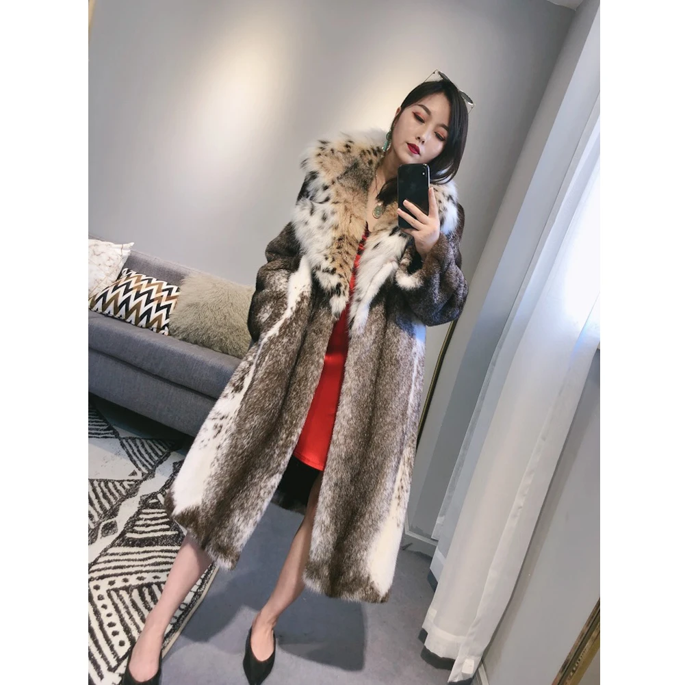 2019 New Imported Womens Mink Fur Coat Bobcat Fur Collar Fur Coat Fashion Long Womens Winter coats Oversize Parkas