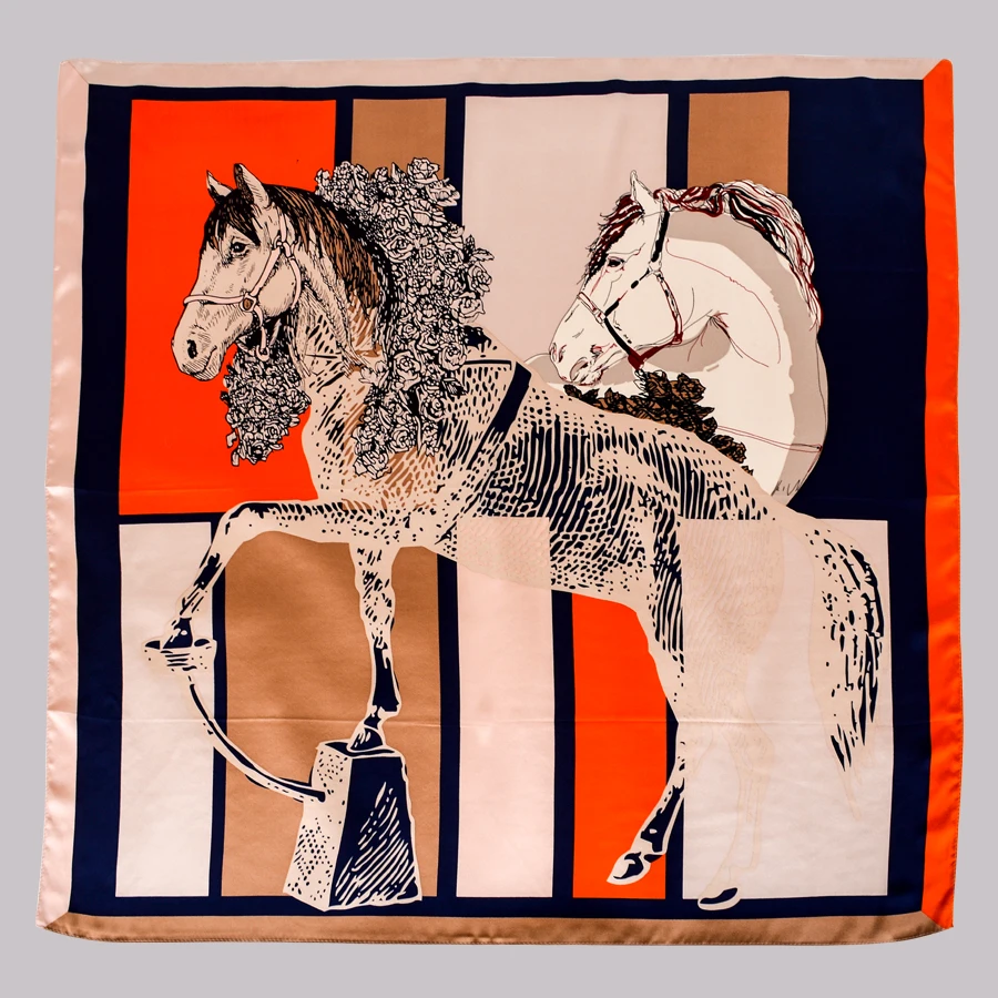 BYSIFA| 2020 New Orange Square Scarves Fashion Horse Design Ladies 100% Silk Scarf Shawl Printed 90*90cm Fall Winter Neck Scarf