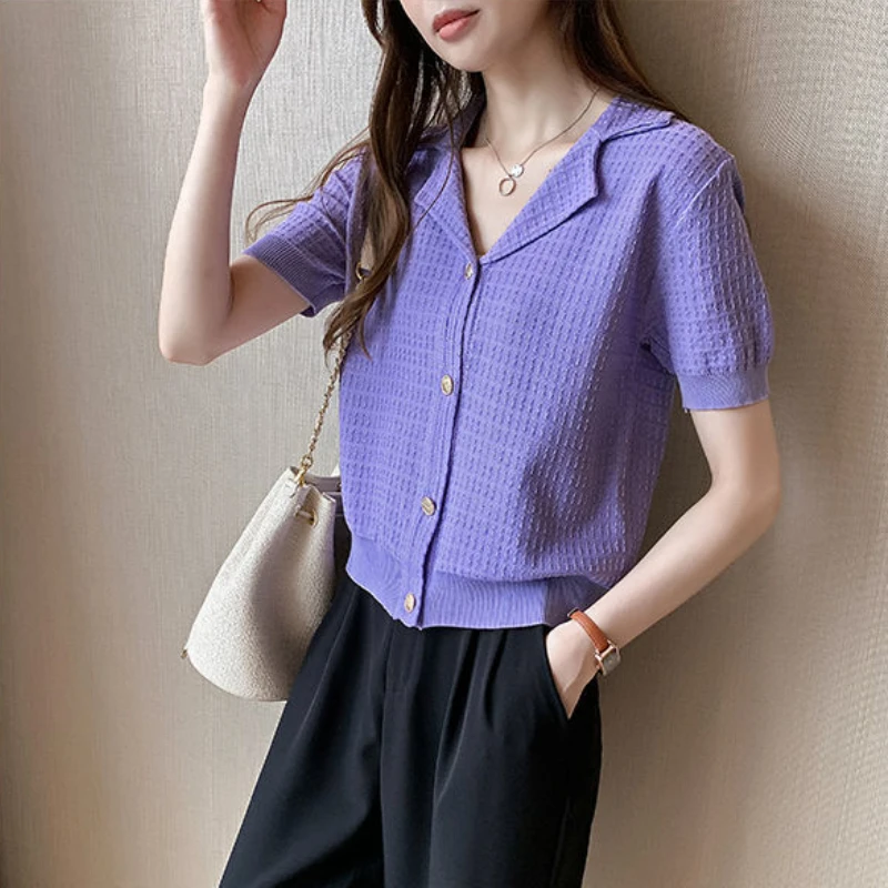 T-shirts Women Tender Notched Lady Short Sleeve Leisure Solid All-match Fashion Elegant Chic Korean Style Simple Mujer Aesthetic