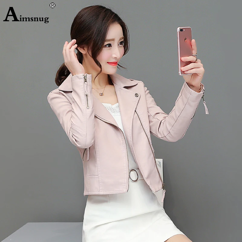 Women Cute Faux Pu Leather Jacket Girls Black Pink 2024 Spring Outerwear Pockets Zipper Office Lady Coat Slim Biker Jackets