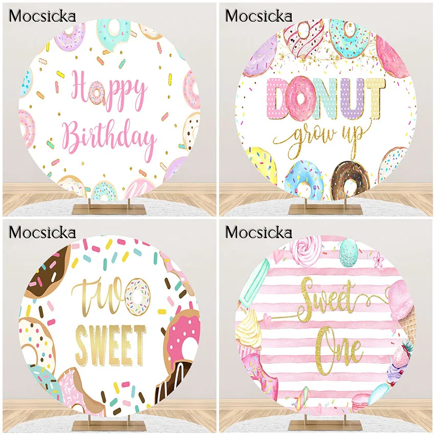 Mocsicka Donut Party Backdrop Two Sweet Donut Grow Up 1st Birthday Party Photoshoot Background Round Circle Cover Banner