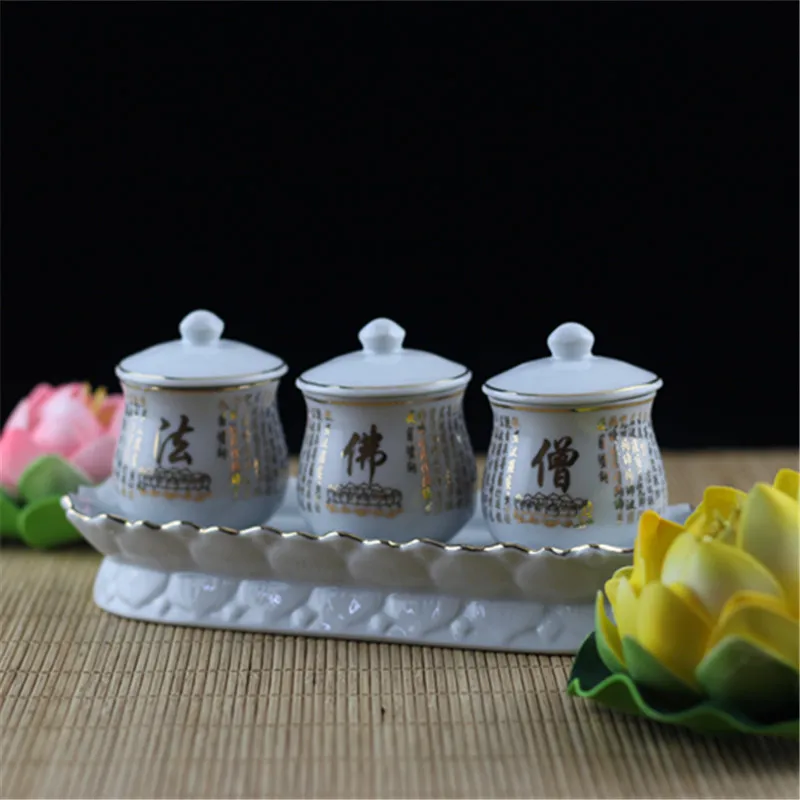 Buddhist Supplies, Water Supply Cups, Three-piece Sets, Ceramics, Buddhists, Gold Strokes, Buddhist Offerings,on Sale~