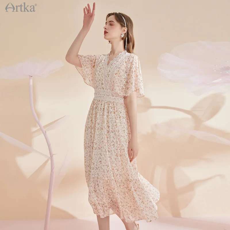 ARTKA 2021 Summer New Women Dress Elegant Floral Print Chiffon Dresses Short Sleeve Lace V-Neck Ruffles Maxi Dress LA25216X