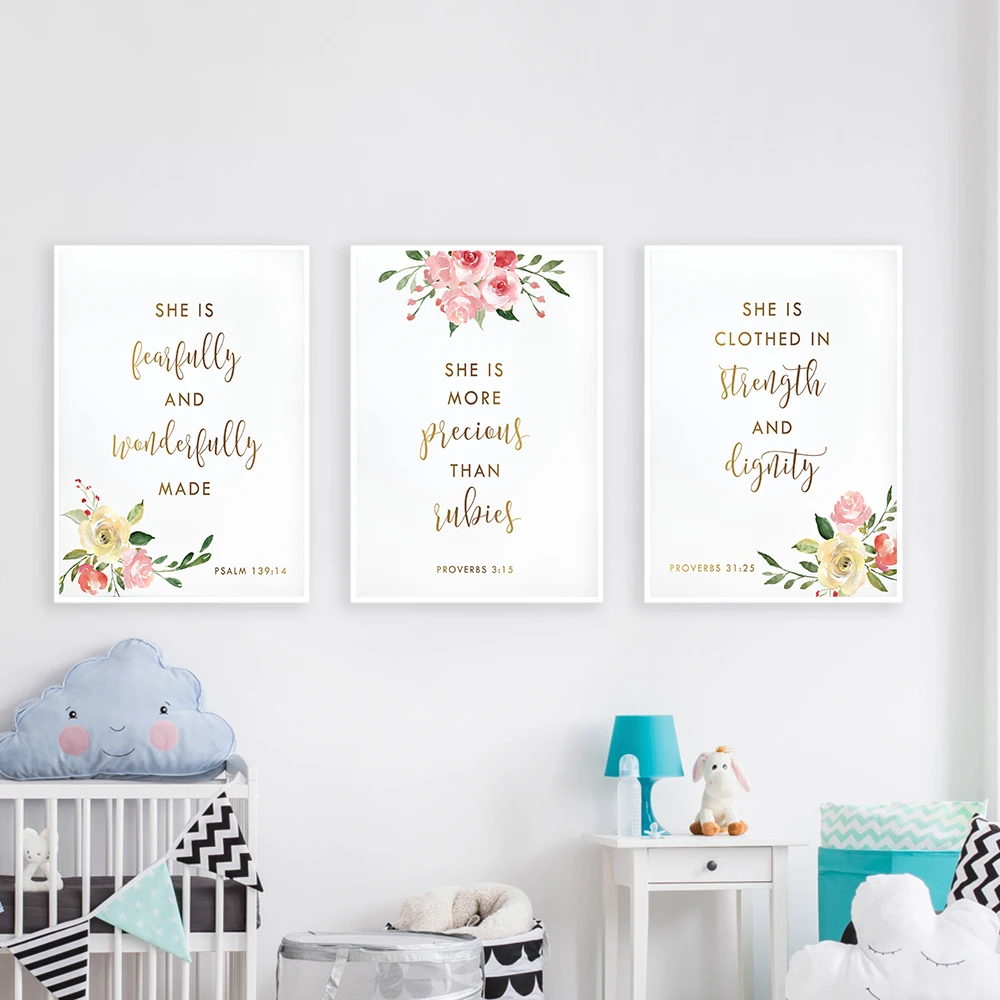 Bible Verse Psalm 139:14 Christian Nursery Wall Art Canvas Painting Pictures Watercolor Flower Print Poster Baby Girl Home Decor