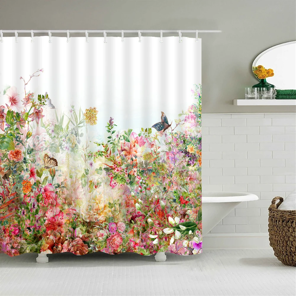 Retro Blooming Flowers Shower Curtains Bathroom Curtains Waterproof Polyester Bath Curtain with 12 Hooks Shower Curtain