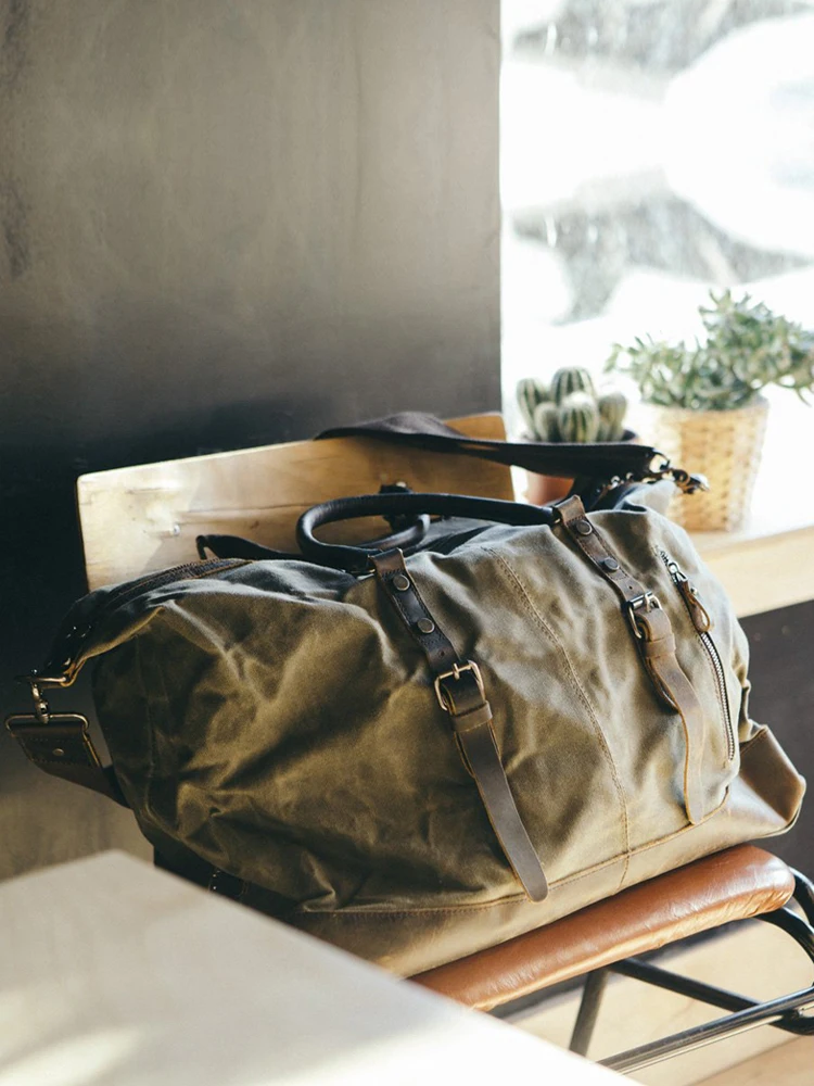 Imagem -04 - Bolsa de Lona de Alta Capacidade para Viagem Bolsa Masculina de Lona à Prova Dágua em Couro de Vaca com Cera para Guardar Bagagem