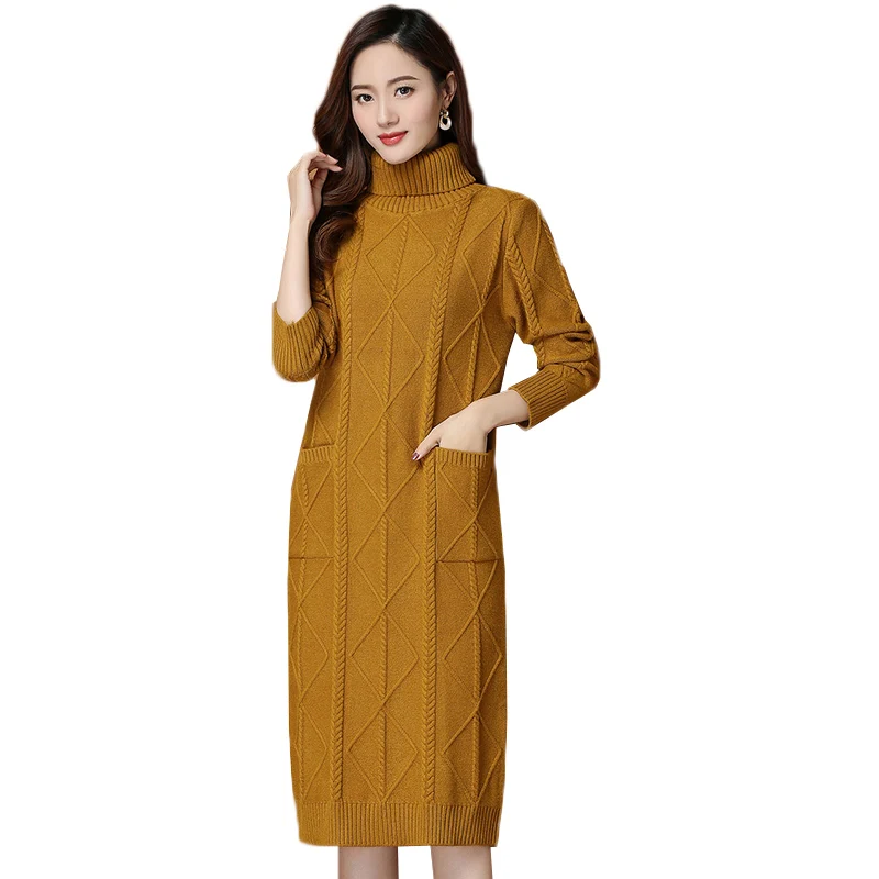 Long Sweater Dress Fashion Women Knitted Dresses Elegant Women Turtleneck Sweaters Dress Knitting Pullover Winter Women Dresses