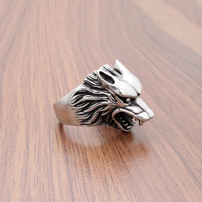 Punk Size 7-15# 316L Stainless Steel Silver Color Black Big Viking Wolf Head Animal Ring Jewelry For Men\'s Gift