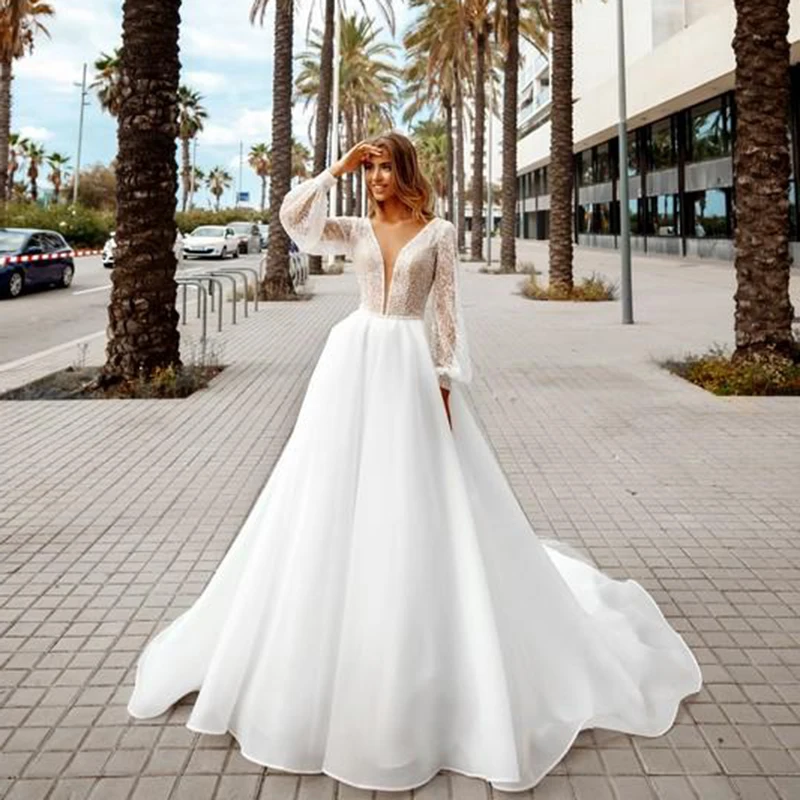 2022 abiti da sposa bohémien Sexy scollo A V una linea di pizzo Glitter abito da sposa da spiaggia Plus Size abiti da sposa Boho su misura