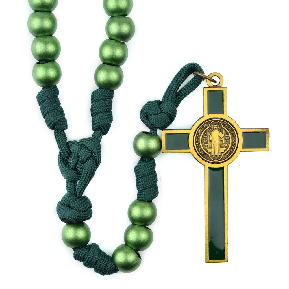 Rugged Paracord Rosaries 12mm Green Acrylic Beads Catholic St Benedict Men Rosary