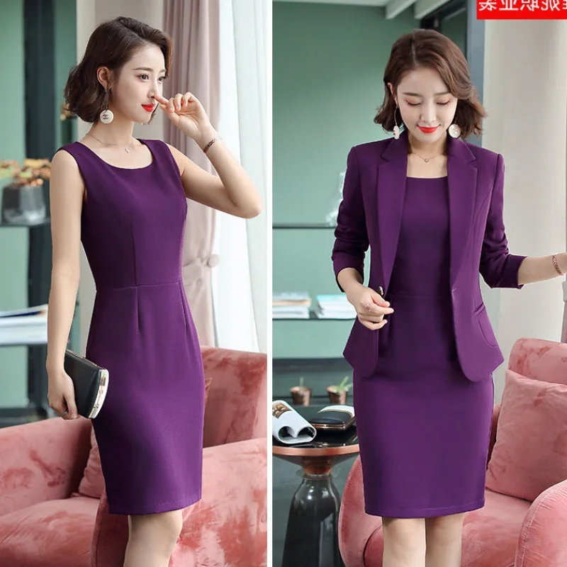 Elegante blazer vestido ternos mulheres trabalho de negócios uniforme escritório senhora profissional duas peças conjunto terno vestido moda