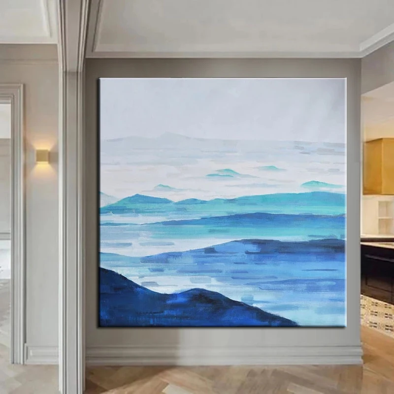 

100% Hand Painted Mountain Seascape Blue Landscape Wall Art Oil Paintings Modern Abstract Art Vintage Home Decor Canvas No Frame