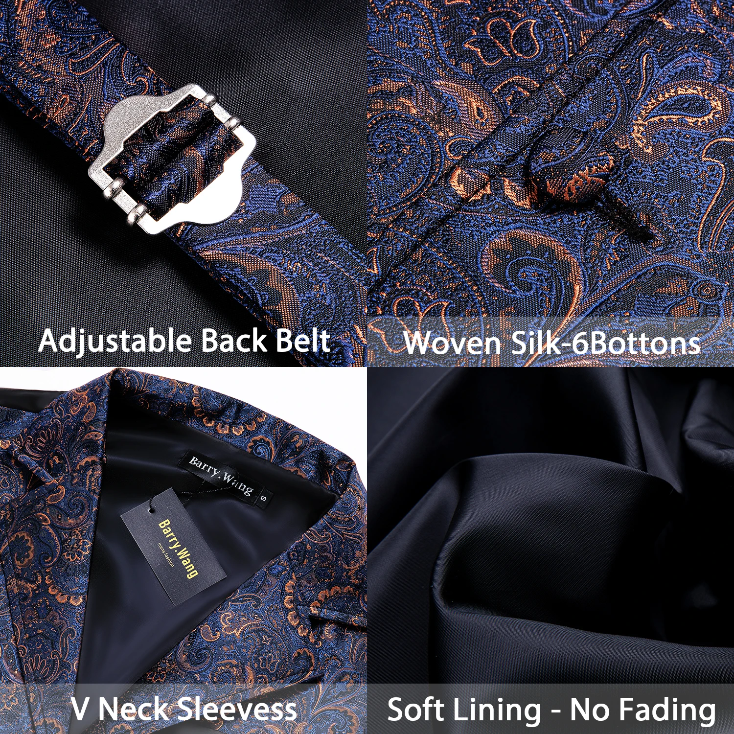 Barry.Wang Blue Paisley Herringbone Vest Coat Men Silk Suit Vest Single-Breasted Notched Lapel Waistcoat MD-2101