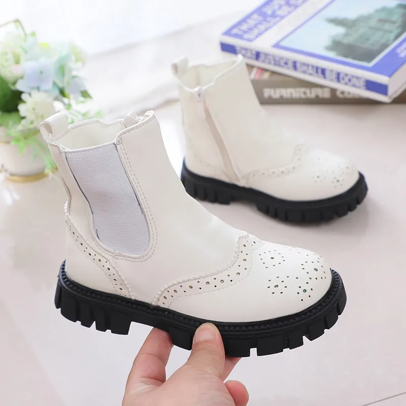 Children Chelsea Boots Fretwork British Style Kids Short Boots Warm Winter Zipper Fashion Elegant Platform Boys Girls Flat Shoes