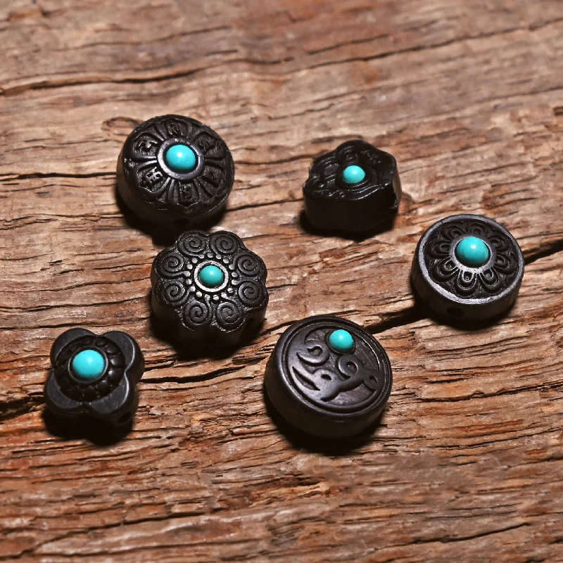 MZ-E Nepal Inlaid Imitation Turquoise Natural Ebony Beads Tibetan Antique For Jewelry Making DIY Beads Bracelet Yoga Necklace