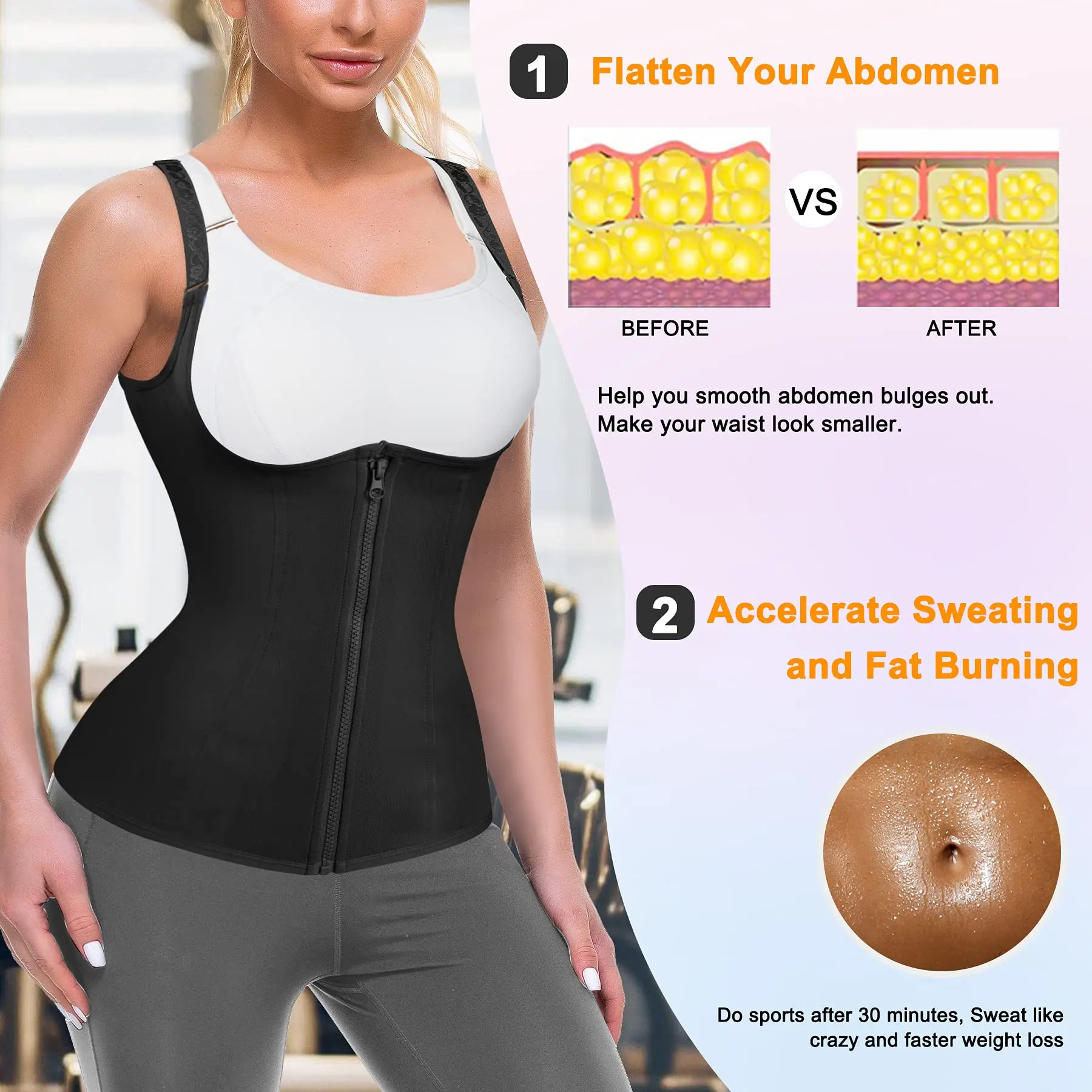 Waist Trainer for Women Zipper Body Shaper Cincher Sports Girdle Corset Sauna Sweat Vest Slimming Underwear Tank Top With Straps