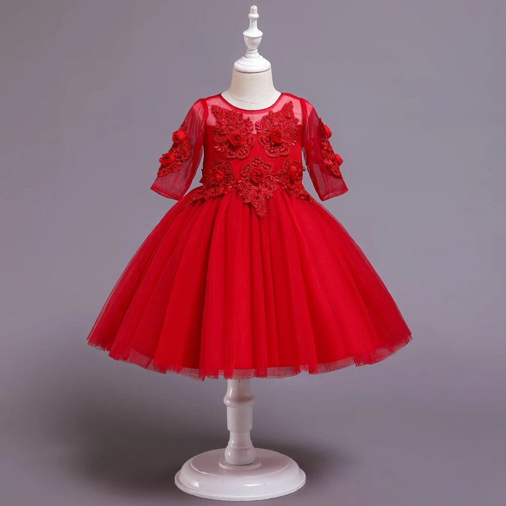 Flower Girls Short Sleeve Princess Dresses For 2 To 10 Years Old Kids Red Knee-length Embroidered Casual Dress