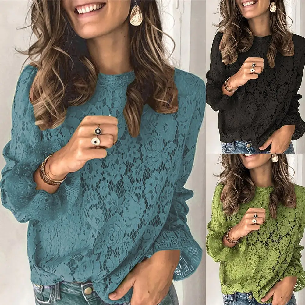 Blusa de manga larga acampanada para mujer, camisa de encaje ahuecada con cuello redondo, Color sólido, elegante, 2020