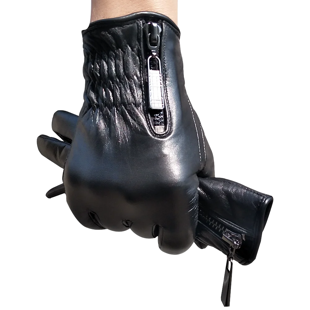 Gants en cuir de luxe pour hommes, fermeture éclair au poignet, écran tactile, doublure en laine d\'agneau véritable, conduite chaude, hiver,