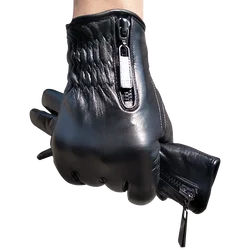 Guantes de cuero de lujo para hombre, guantes de piel de cordero auténtica con cremallera para pantalla táctil, Forro cálido para conducir, Invierno