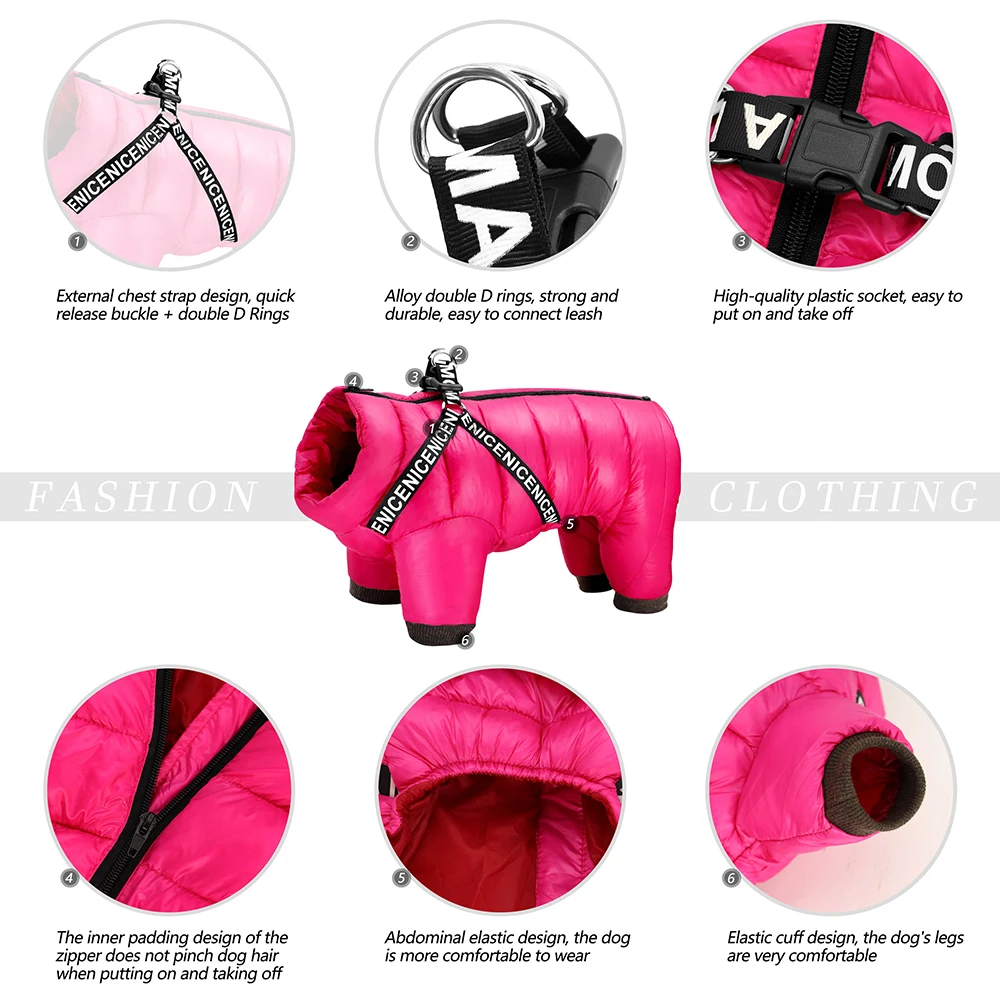 Warme Winter-Hundekleidung mit Geschirr, dicker Baumwoll-Hundemantel, Daunenjacke, Haustierkleidung, Outfit für kleine und mittelgroße Hunde, Chihuahua – Detail 13