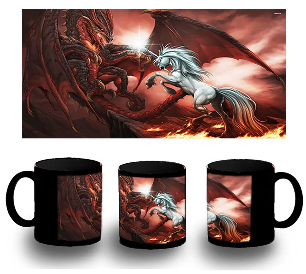 CUP FULLY black UNICORN VS DRAGON black mug