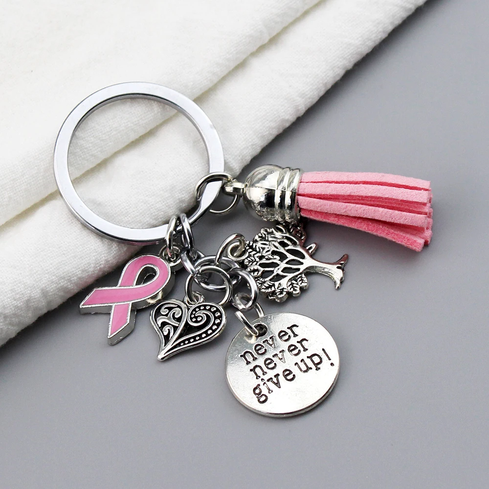 Breast Cancer Awareness Pink Ribbon Tassel Keychains Keyring Heart Life Tree Never Give Up Charms Key Chain Jewelry