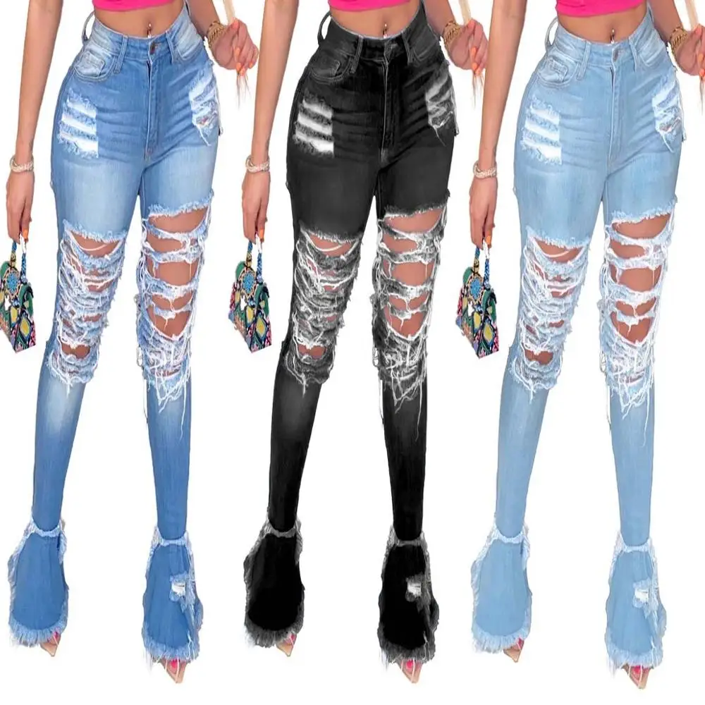 

Woman Denim Bell Bottom Pants Hollow Out Hole Summer Ripped Jeans Women Fashion Casual Denim Trouser Ladies Skinny Pants