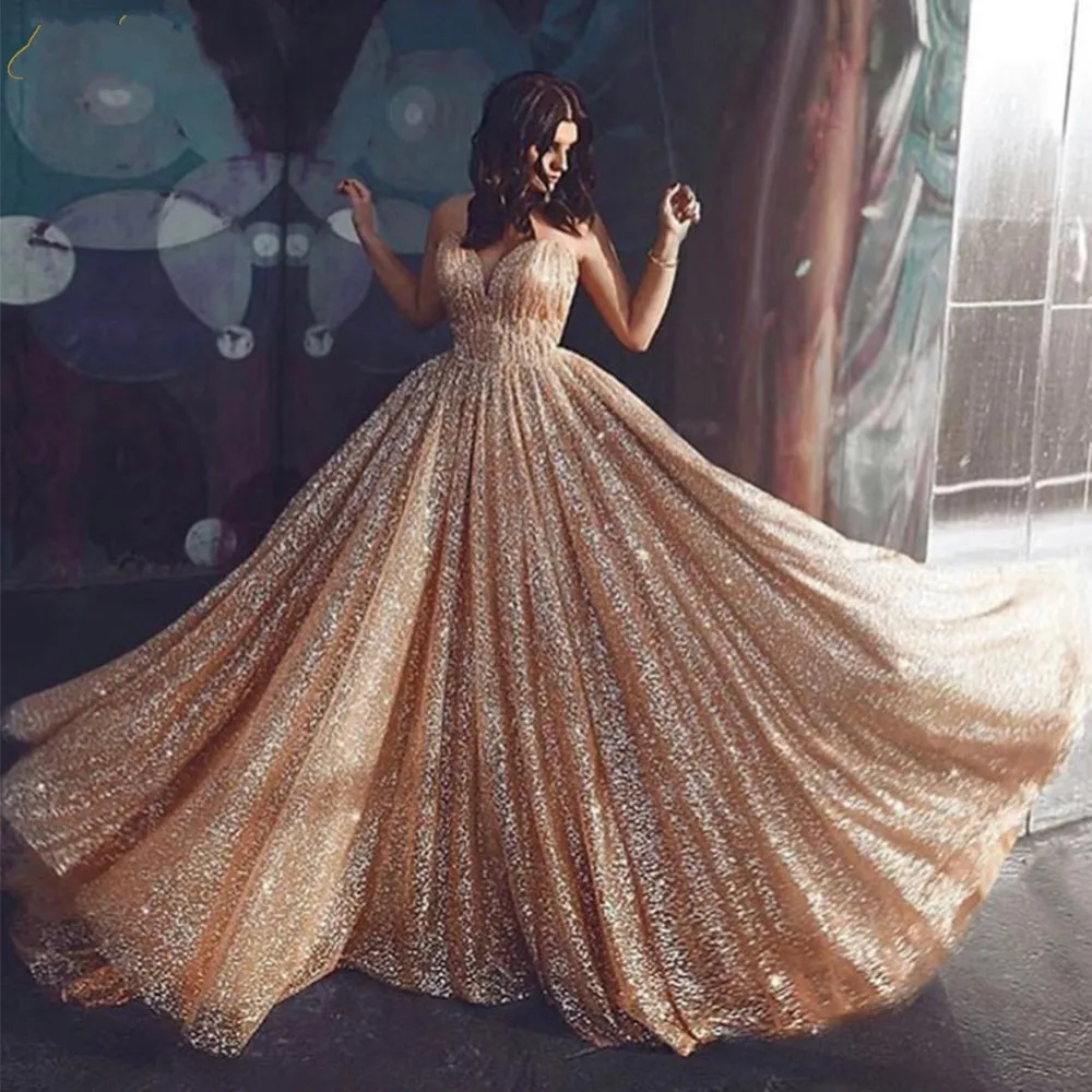 

Sexy Gold Glitter Evening Dress 2020 Long Puffy Formal Party Gown Sweetheart A line Prom Open Back Sequins Sparkle Long Dress