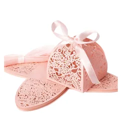 50Pcs Laser Cut Rose Flower Candy Gift Box Sweet Wedding Favor Gift Packaging Box With Ribbon Baptism Birthday Party Decoration