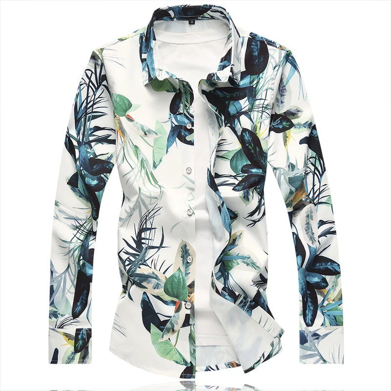 White Long Sleeve Printed Shirt Men\'s, Spring / Autumn New Men Shirts, Business Casual Flower Top Camisa Male Chemise