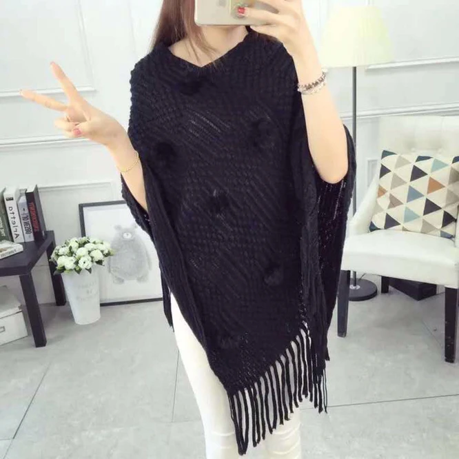 Spring Autumn Tassel Shawl Female Cloak Wool Ball Sweater Coat Loose V-neck Girl Warm Fashion Leisure Black Shawl Wrap Sweater