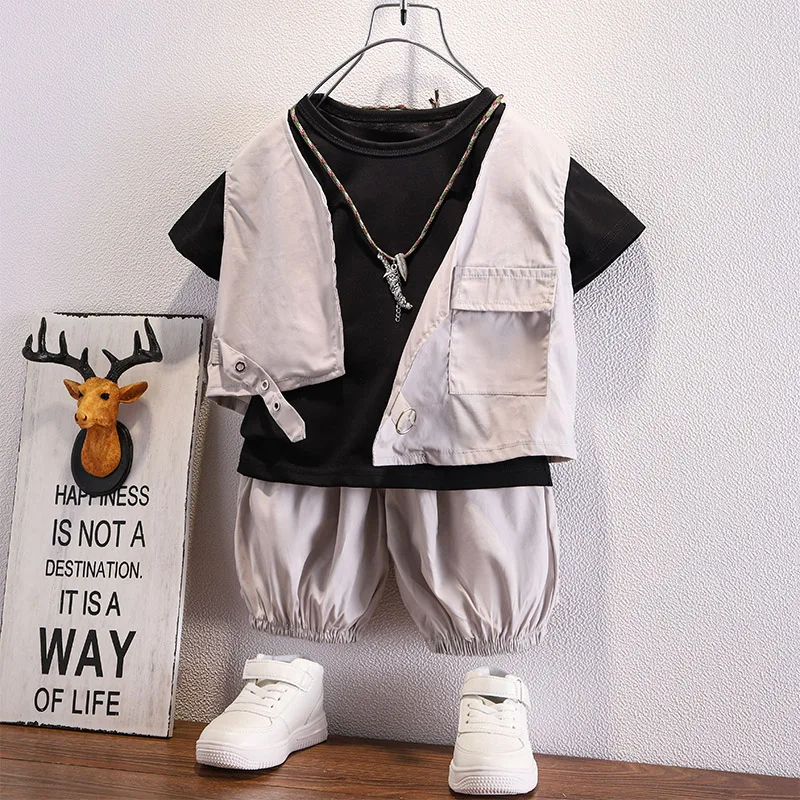 

British Style Kid Boys Clothes Summer Suit Vest Short Sleeve T-shirt Short Pants Casual Sets 2 to 8 Yrs Boys Toddler Formal Wear