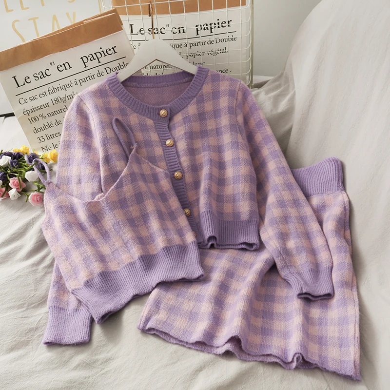 Sweet Plaid Three-Piece Women's New O Neck Single-Breasted Long-Sleeved Loose Sweater with Short Strap Two Piece Set Skirt