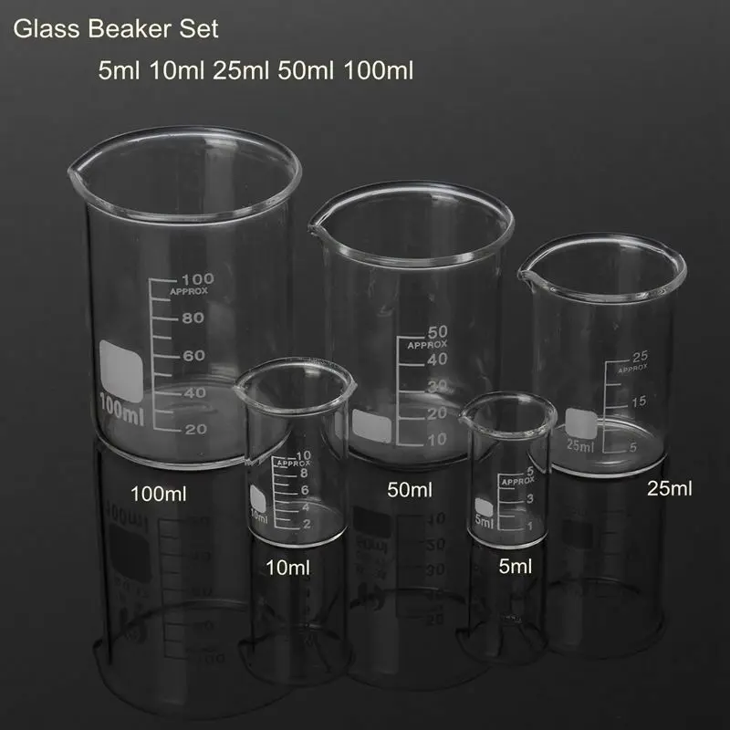 5pcs/set 5/10/25/50/100ml Glass Beaker  Laboratory Measuring Cup Glassware For School Study Lab Glass Beaker Set