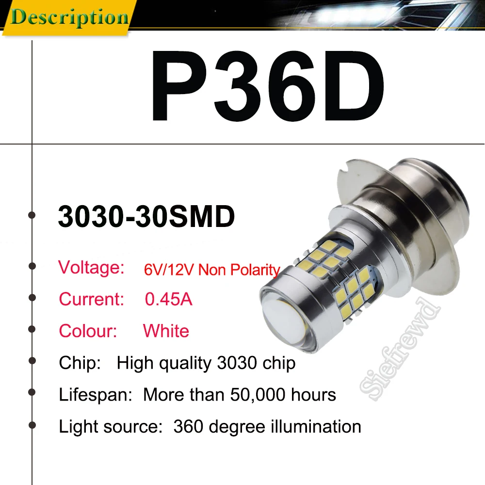 1Pc 6V 12V Non Polartiy P36D 30SMD Motorcycle LED Headlight Bulb Hi/Lo Beam Scooter Motorbike Lamp Car DRL Fog Light White 6000K