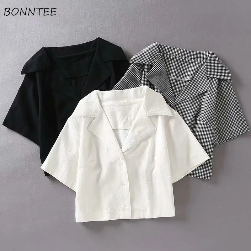 Shirts Women Simple Normcore Cropped Solid Leisure Summer All-match Lady Short Sleeve Minimalist Slim Teens Korean Style Trendy