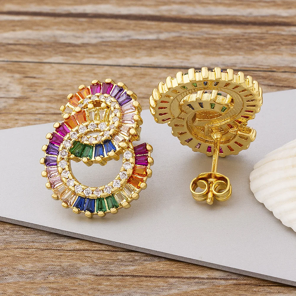 AIBEF Rainbow Cubic Zirconia Circle Stud Earrings Simple Party Round Geometric Fashion Earrings For Women Bohemian Fine Jewelry