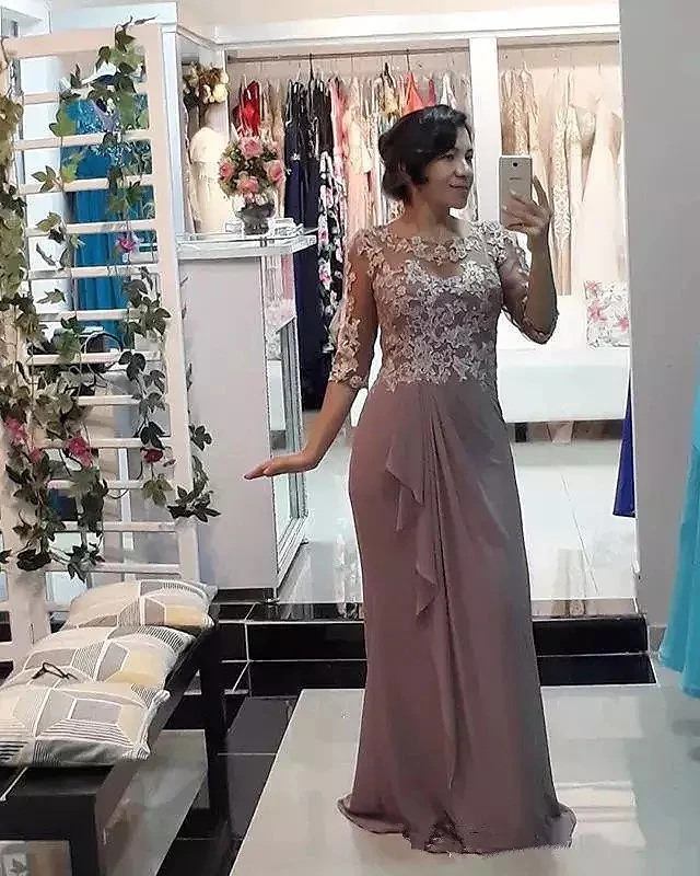 Vestido elegante para a mãe da noiva, vestidos formais de formatura, ilusão de meia manga, cerimônia de casamento plus size, convidados de chiffon