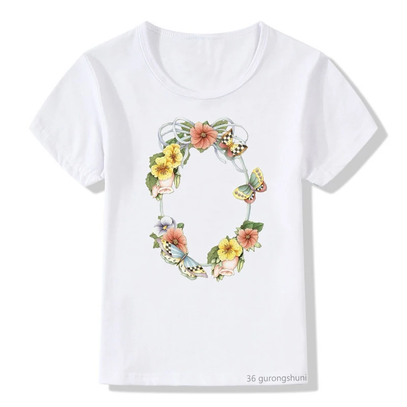 Kawaii borboleta e flor dos desenhos animados imprimir bonito meninas camiseta crianças roupas de verão topos manga curta menina harajuku casual