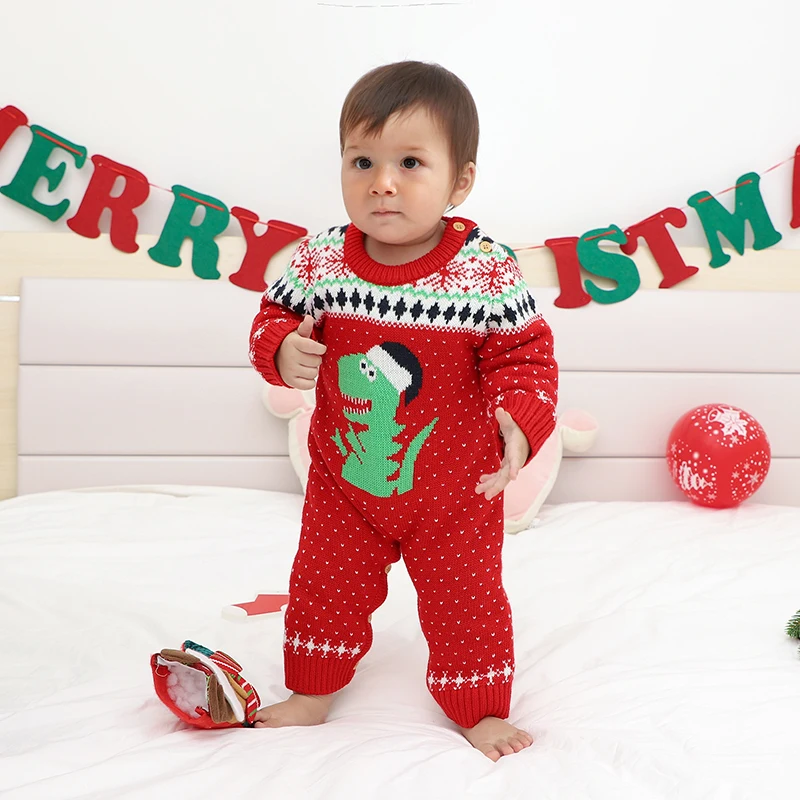 

Christmas Baby Romper Knit Dinosaur Newborn Girl Boy Jumpsuit Long Sleeve Winter Toddler Infant Xmas Clothes Snowflake Playsuit