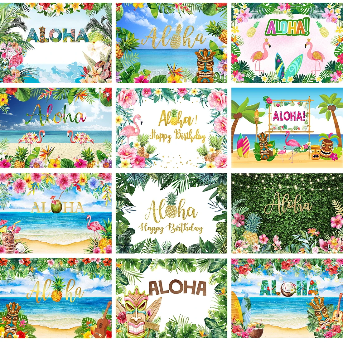 여름 생일 파티 알로하 배경 장식 해변 플라밍고 하와이 파티 바다 서핑 열대 사진 배경, 사진 스튜디오