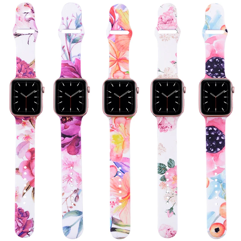 Bandas de flores para Apple Watch Series 6, 5, 4, 3, 2, 1 SE, 40mm, 44mm, correa de silicona con patrón impreso para IWatch Series 4, 3, 2, 38mm, 42mm