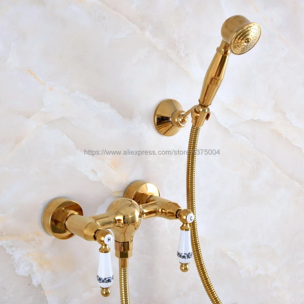 

Gold Color Brass Bathroom Rainfall Hand Shower Faucet Set Mixer Tap With Hand Sprayer Wall Mounted Nna981