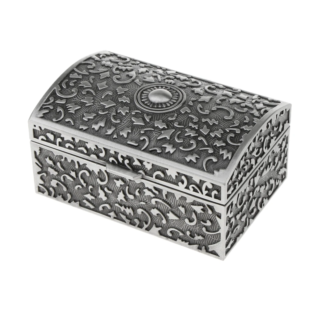 Vintage Antique Silver Metal Small Jewelry Storage Treasure Chest Box Case